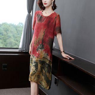 Elbow-sleeve Print Shift Dress