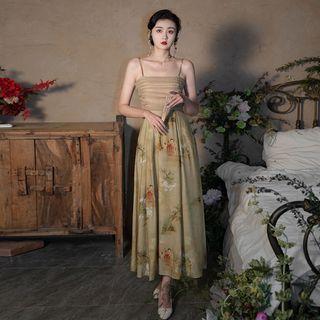 Set: Spaghetti Strap Print Maxi A-line Dress + Cardigan