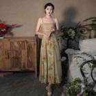 Set: Spaghetti Strap Print Maxi A-line Dress + Cardigan