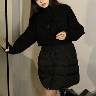 Long-sleeve Mock-neck Top / Padded Button-up Long Vest / Cardigan