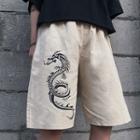 Dragon Print Straight-cut Shorts