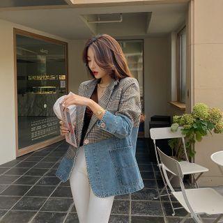 Denim-panel Plaid Blazer Check - One Size