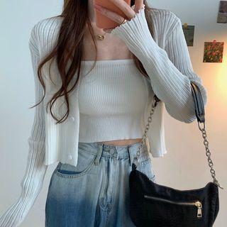 Set: Cropped Rib Knit Cardigan + Camisole Top