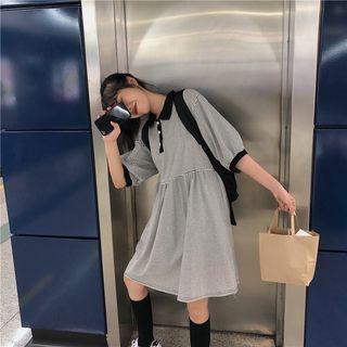 Elbow-sleeve Striped A-line Polo Dress Black & White - One Size