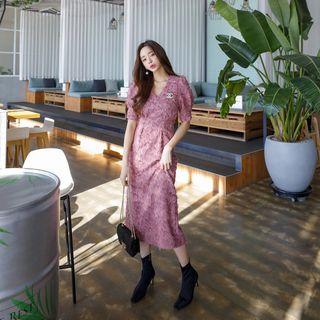 V-neck Puff-sleeve Fringed Dress