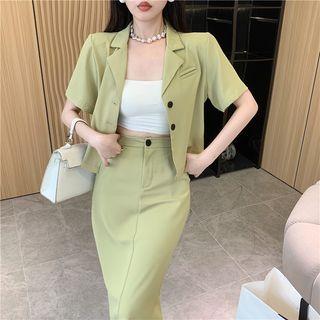 Set : Short-sleeve Plain Blazer + High-waist Slit Midi Skirt