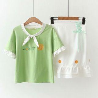 Bow-neck Orange Print Short-sleeve Tee / Lace-up Orange Print Skirt / Set