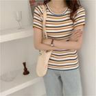 Striped Short-sleeve Knit Top Stripes - Yellow - One Size