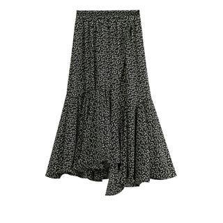 Floral Print Asymmetric Midi A-line Skirt Black - One Size