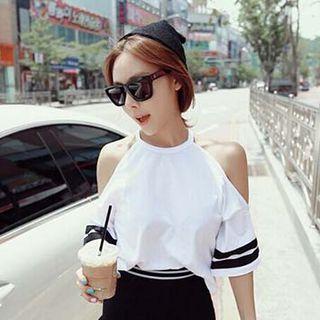 Elbow-sleeve Cold-shoulder Contrast-trim Top Milky White - One Size