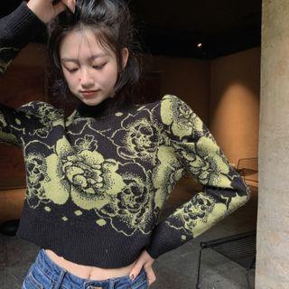 Puff-sleeve Printed Crop Knit Top As Figure - One Size