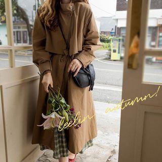 High-neck Flap-front Trench Coat With Sash