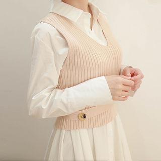 Set: Beribboned Knit Vest + Flared Shirtdress