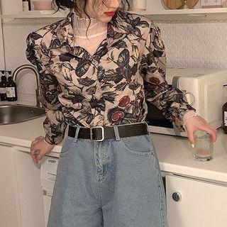 Leaf Print Chiffon Shirt As Shown In Figure - One Size