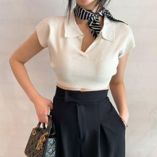 Plain Short Sleeve Knitted Crop Top