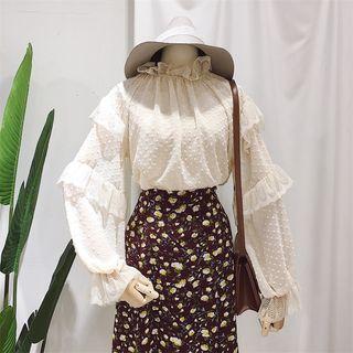 Long-sleeve Dotted Ruffled Blouse