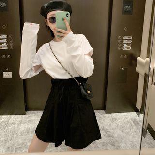 Plain Cutout Long-sleeve T-shirt / High-waist Shorts