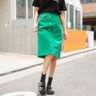 Buttoned Linen Blend Midi Skirt