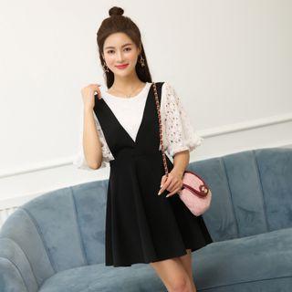 Set: Lace Elbow-sleeve Top + V-neck Suspender Skirt