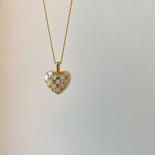 Checkerboard Heart Pendant Necklace L359 - Necklace - Gold - One Size