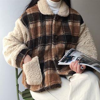 Plaid Panel Faux Shearling Jacket