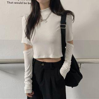 Detachable Sleeve Mock Turtleneck Cropped T-shirt