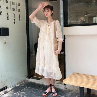 Elbow-sleeve Frill Trim Embroidered Chiffon Midi Dress Almond - One Size
