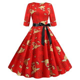 Elbow-sleeve Reindeer-print Sashed A-line Dress