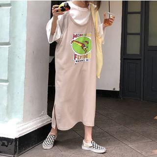 Long-sleeve Plain T-shirt / Spaghetti Strap Midi Printed Dress