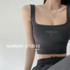 Square-neck Embroidered Crop Tank Top In 5 Colors
