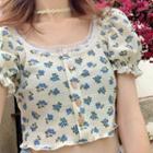 Short-sleeve Floral Top Floral - Off-white & Blue - One Size