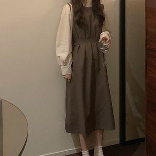 Mock-neck Lantern-sleeve Blouse / Midi Jumper Dress