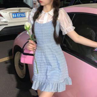 Puff-sleeve Ruffled Shirt / Ruffle Trim Patterned Overall Dress