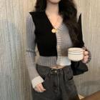 Color Block Cropped Cardigan Black & White & Gray - One Size