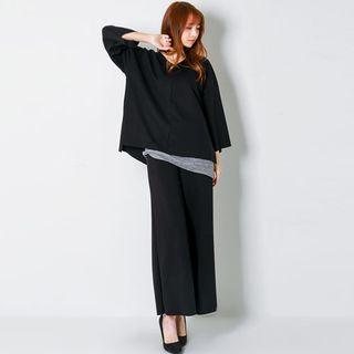 Set: V-neck Loose-fit Top + Wide-leg Boot-cut Pants