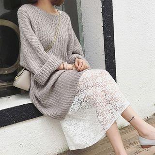 Long-sleeve Chunky Knit Dress Gray - One Size