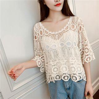 Set: Elbow-sleeve Crochet Knit Top + Camisole