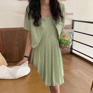 Set: Spaghetti Strap Pleated Dress + Short-sleeve Button-up Blazer