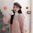 Lace Long-sleeve Top / V-neck Cable-knit Sweater
