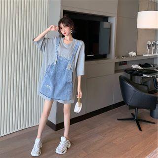 Denim Panel Elbow-sleeve T-shirt