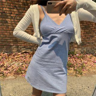 Floral Print Spaghetti Strap Mini Sheath Dress / Lace Trim Cropped Cardigan