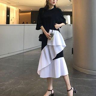 Elbow-sleeve Contrast Panel Midi Dress