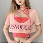 Set: Short-sleeve Lettering Cropped T-shirt + Halter Camisole Top