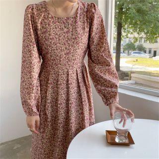 Square-neck Puff-sleeve Corduroy Dress