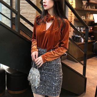 Bow-accent Velvet Long-sleeve Top