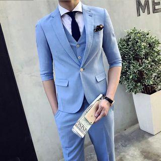 Set: Elbow Sleeve Slim Fit Blazer + Dress Pants + Vest