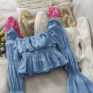 Off-shoulder Smocked-waist Peplum Top In 7 Colors
