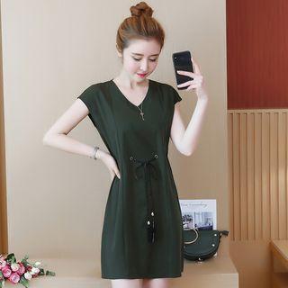 Plain Tie Waist Short Sleeve Dress