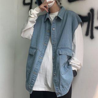 Washed Denim Button Vest