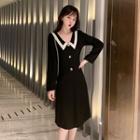 Long-sleeve Collared Contrast-panel A-line Dress